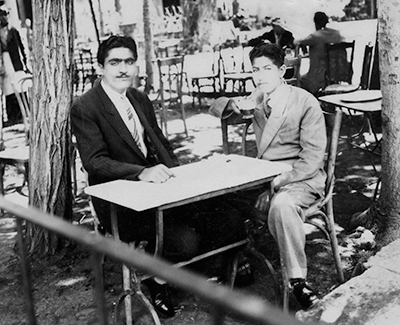 Aziz with his childhood best friend, Khalil A-Hadi, the son of the leader of the Shammar tribe, in a café in Beirut in 1949.